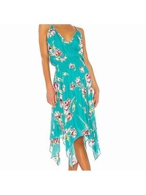 Parker Nolen Dress Womens S Teal Floral Sleeveless V-Neck Midi Smocked